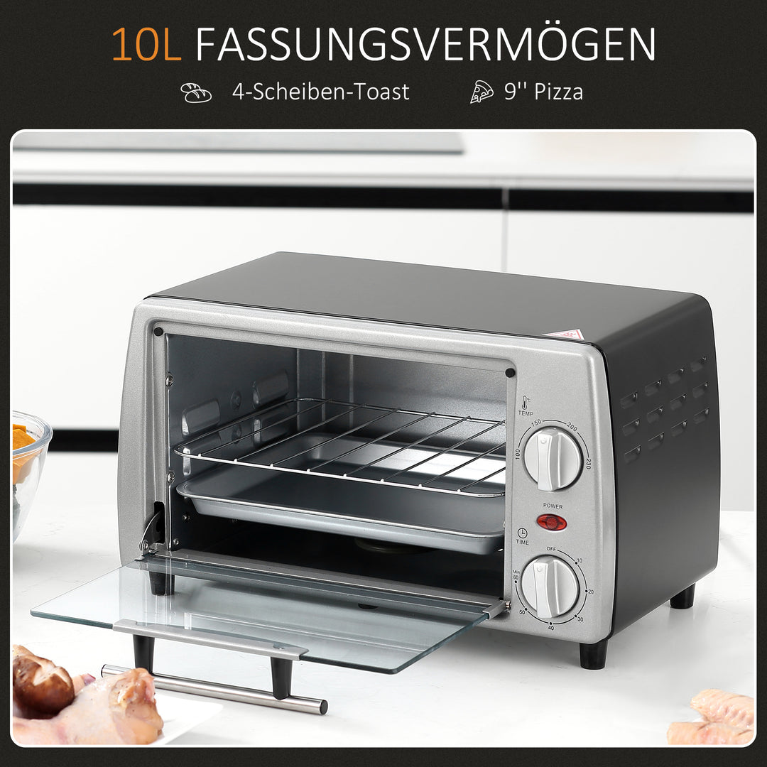 Miniovn 10 L 750W 100-230℃ 60 min timer med bageplade, grillrist og aftagelig bundplade, pizzaovn sølv
