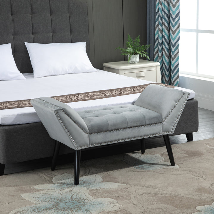 Polstret bænk klaverbænk med fløjlslook sengebænk til soveværelse, stue, entré, gummitræ lysegrå 114 x 46 x 56 cm