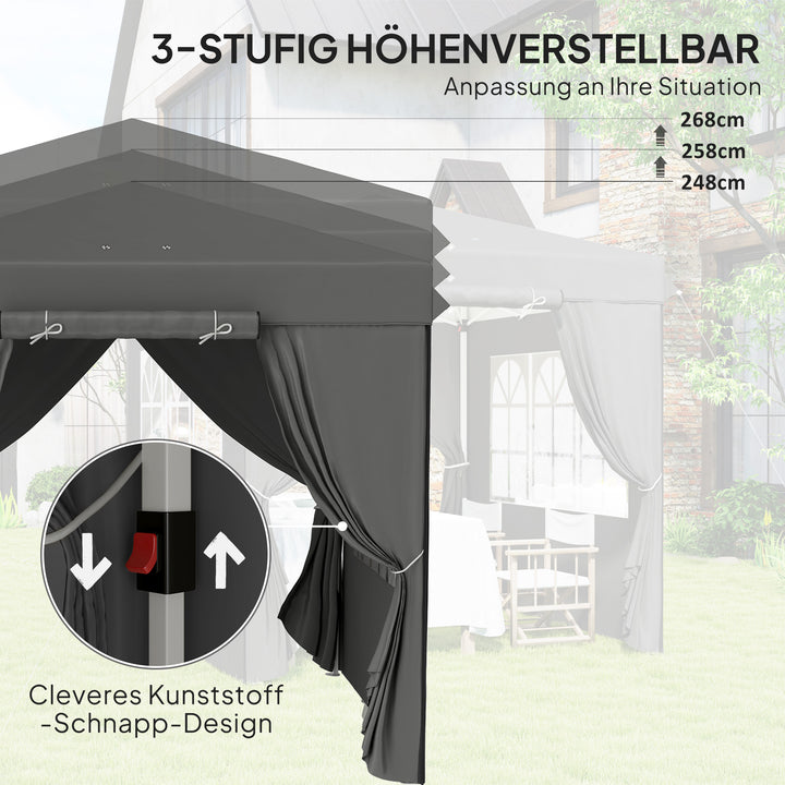 2,5 x 2,5 m pop-up pavillon med sidevægge og bæretaske, UPF50+ højdejusterbart havetelt, mørkegrå