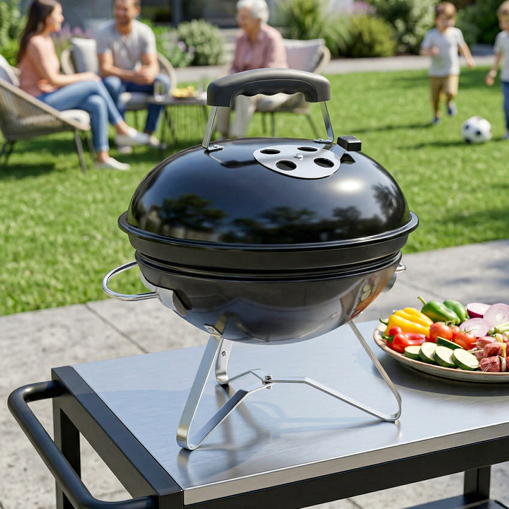 Bærbar kulgrill med låg, håndtag og justerbare ventilationsåbninger til grill, 41x41x44 cm, sort