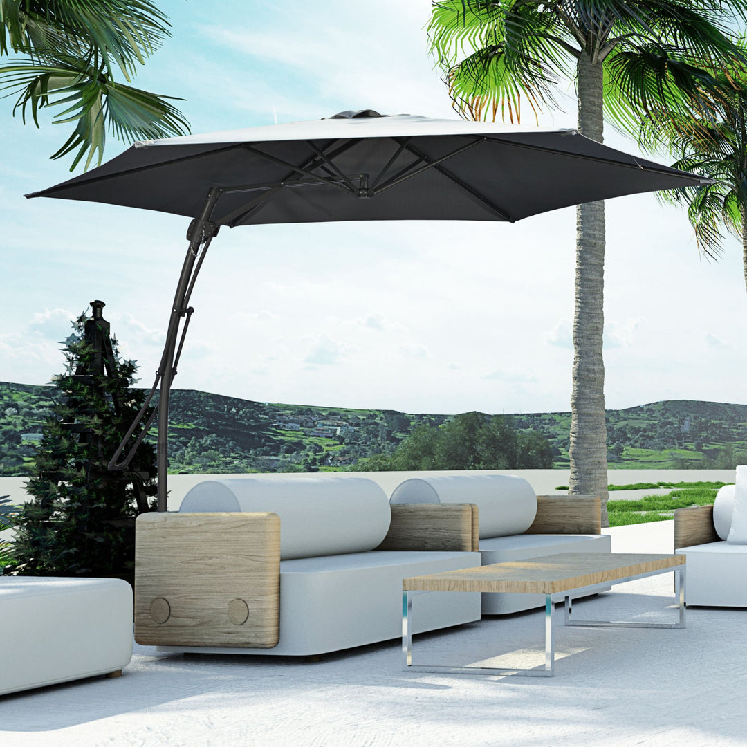 Fritstående parasol Ø293cm, solskærm med sidegreb, krydsfod, vindtæt, vandafvisende, mørkegrå