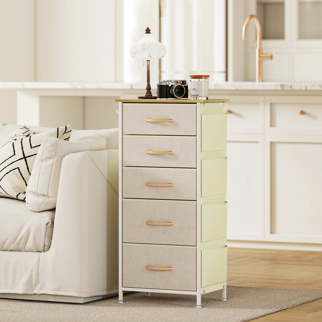 Kommode med 5 skuffer i fiberdug med kroge, beige