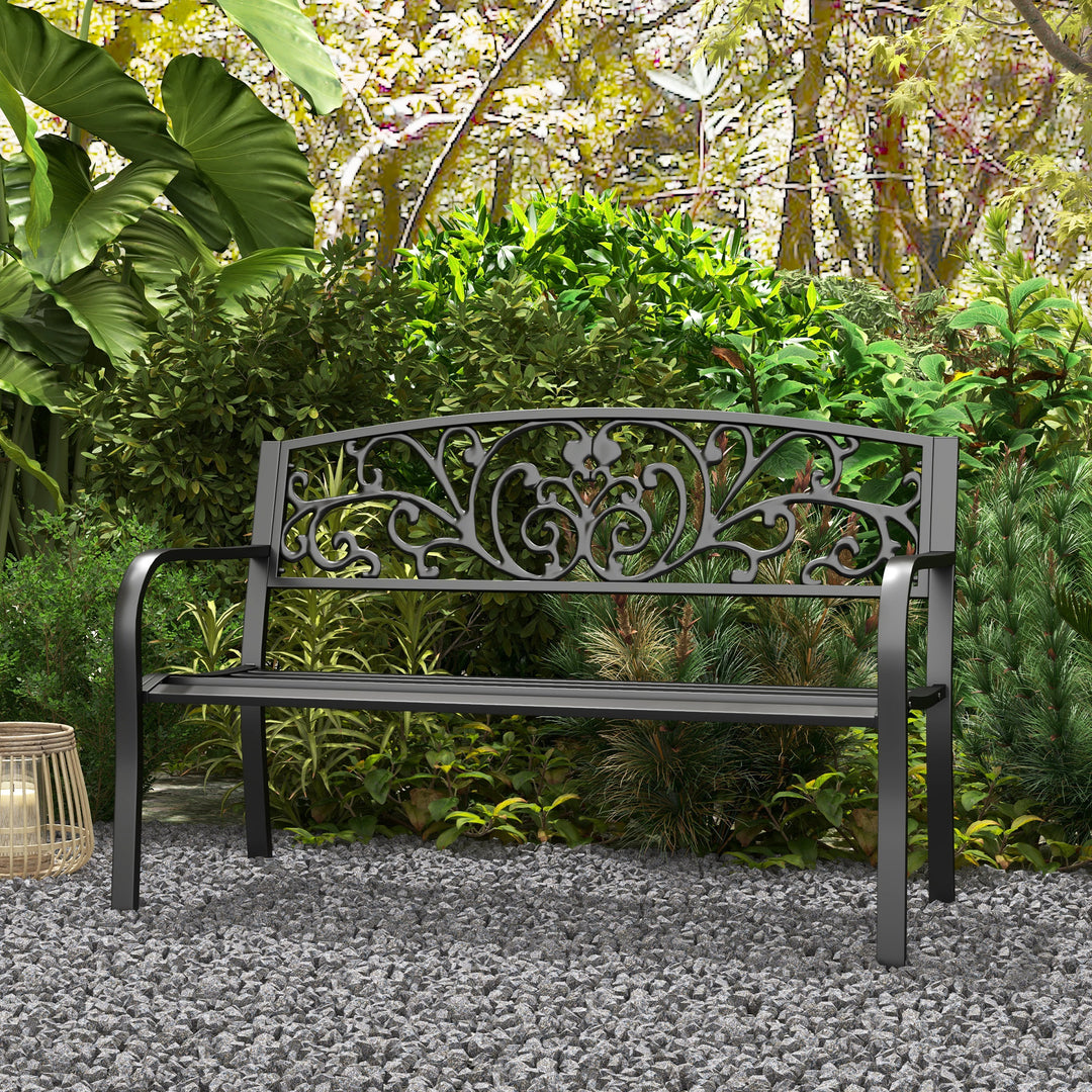 Metalhavebænk, blomsterdesign, 2-personers, 240 kg lasteevne, stål, 127L x 60B x 87H cm, sort