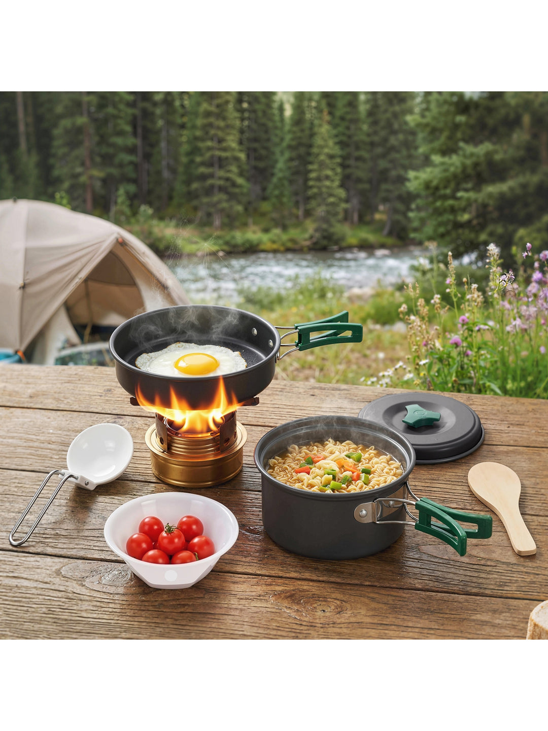 Campingkøkkensæt med skoldningssikre håndtag, 8 dele, grå