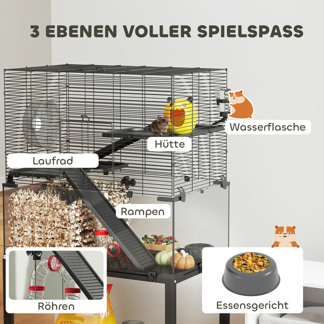 Hamsterbur, indhegning til små dyr med 3 niveauer, løbehjul, bur, platforme, ramper, madskål, vandflaske, tilbehør, stål, plastik, sort