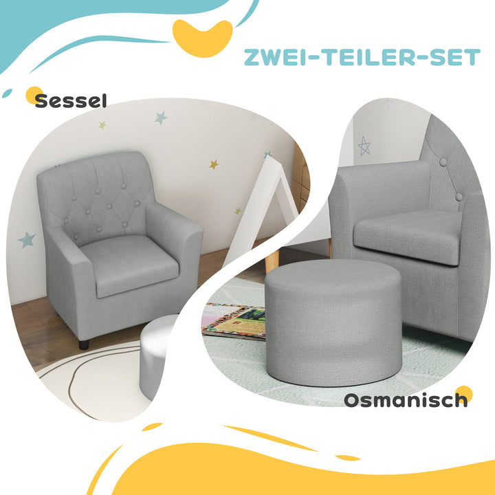 Børnelænestol med skammel, diamantmønsteret ryglæn, blødt sæde, træstel, grå