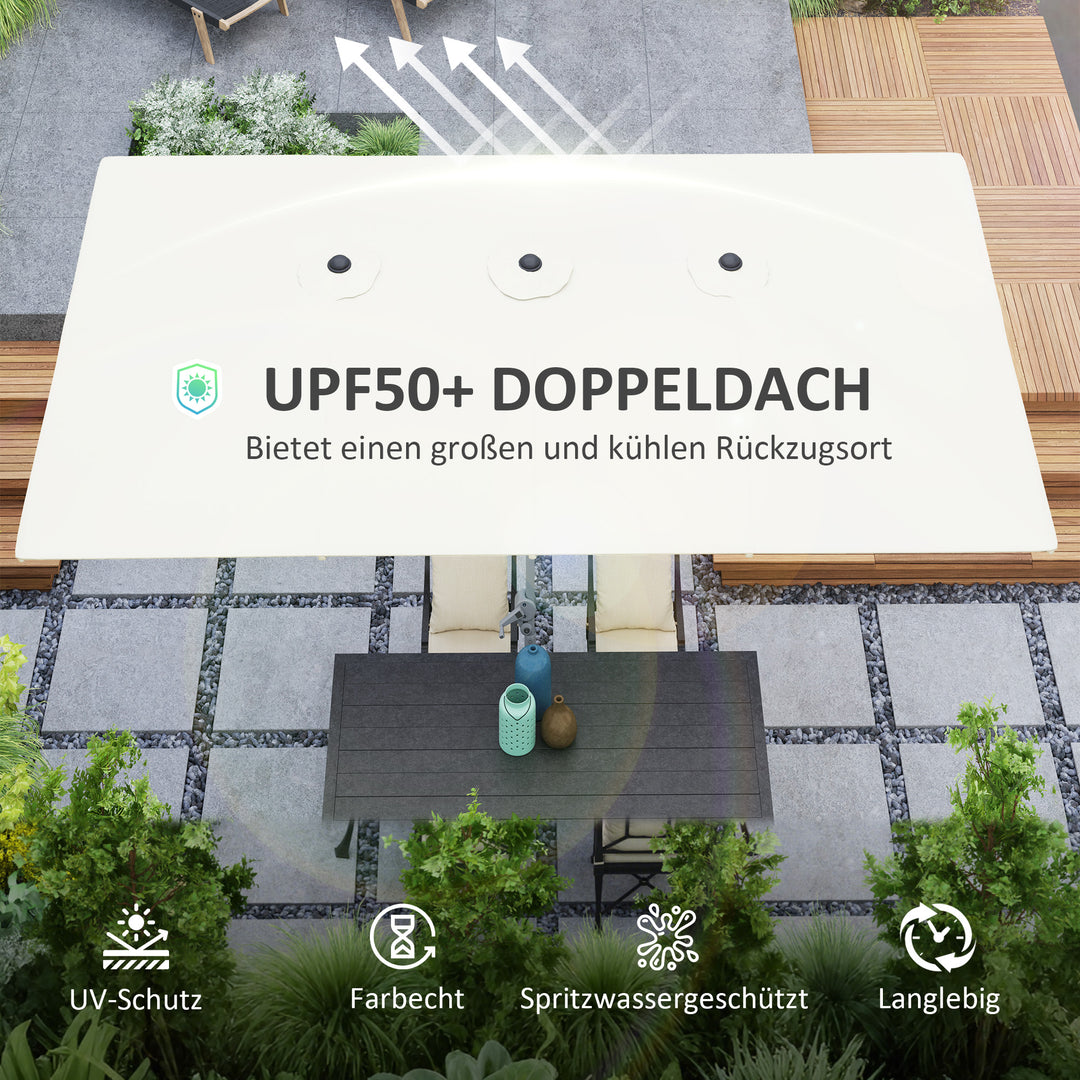 Dobbeltsidet paraply, 451 x 264 cm parasol med håndsving, 12 metalribber, aluminiumsstang, cremehvid