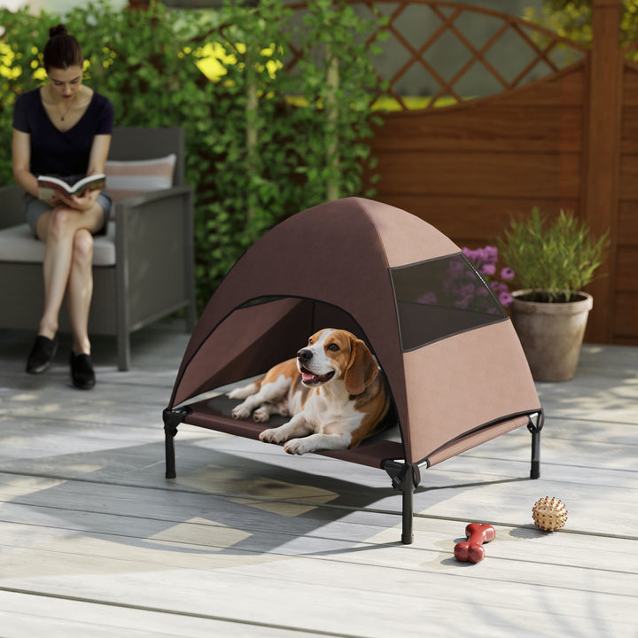 Udendørs hundeseng med tag, hævet hundeseng til mellemstore hunde, 76 x 61 x 71 cm, kaffe