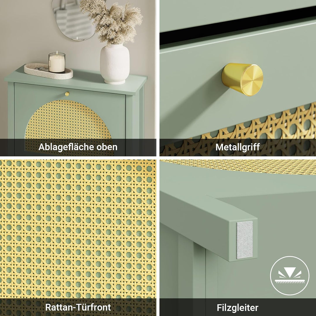 Skoskab smal - 62x25x121,5cm, MDF, rattandøre, skuffe, plads til 8 par sko, pladsbesparende, grøn gul