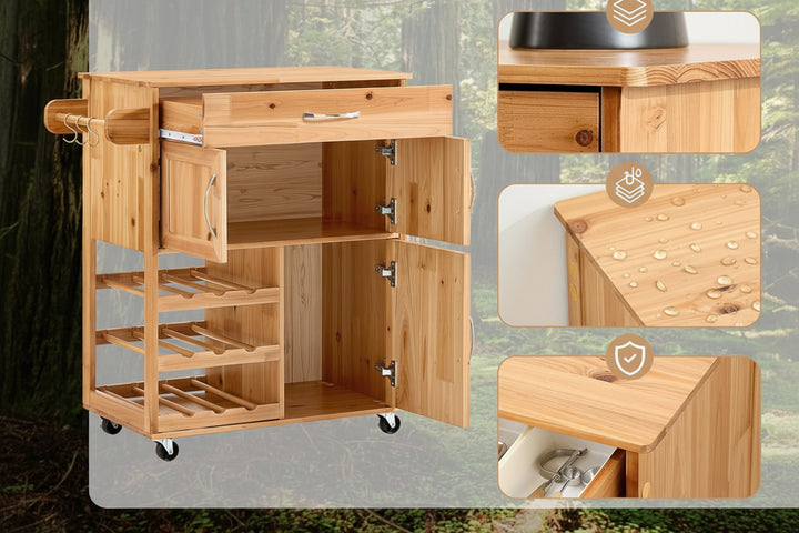 Køkkenvogn med hjul og vinreol, vintage naturfarvet, 67x88x37 cm