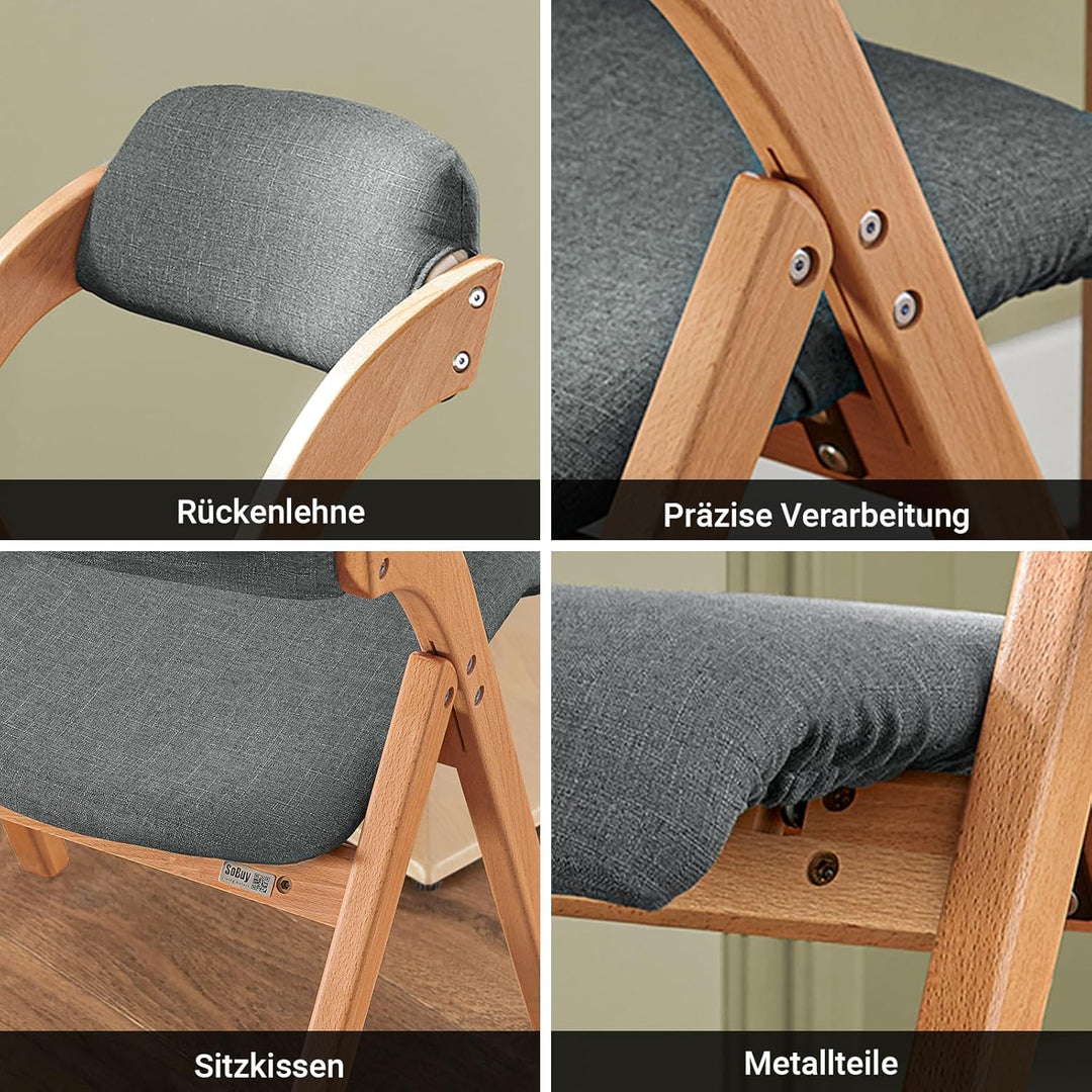 Sæt med 2 sammenklappelige, polstrede træstole i mørkegrå – ergonomiske og pladsbesparende køkken- og spisebordstole, 47,5 × 77 × 59 cm
