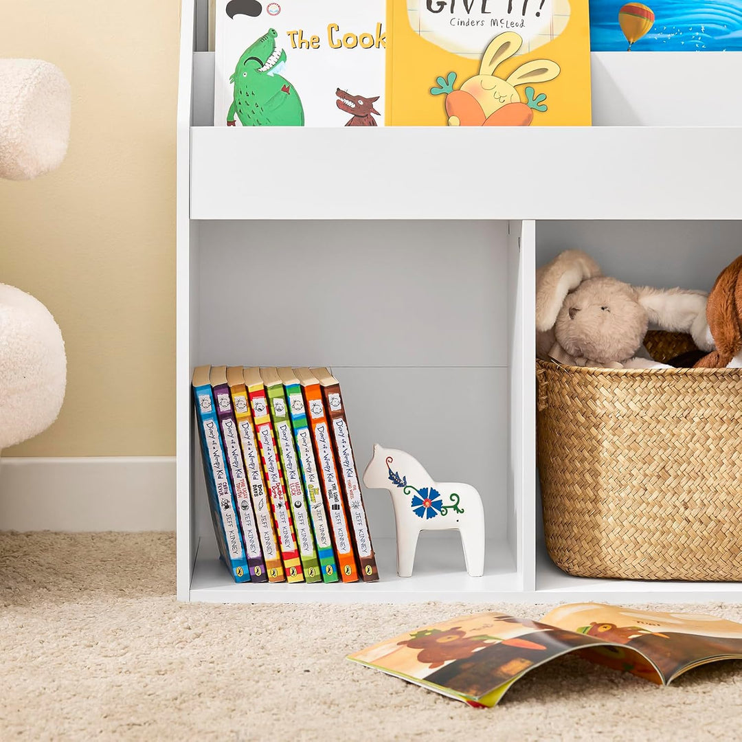 Bogreol Montessori til børn, 3 opbevaringsrum og 2 åbne rum til opbevaring af legetøj, 68 x 68 x 30 cm, hvid