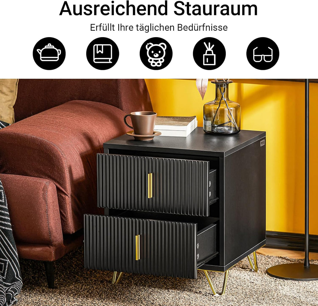 Sengeborde, sæt med 2 styks, natbord med 2 skuffer, moderne sidebord til soveværelse, B40 x T40 x H47 cm, sort