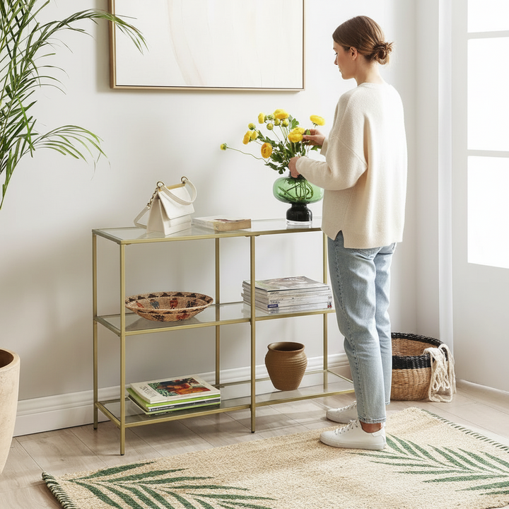 Konsolbord med 3 hylder, hærdet glas, 100x30x73 cm, guldfarvet