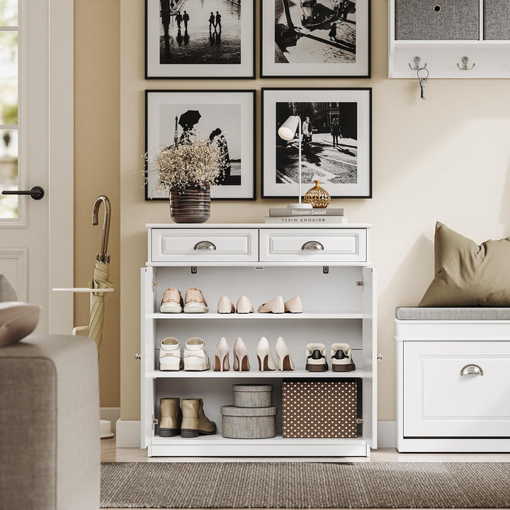 Elegant skoskab & kommode – plads til 12-15 par sko – justerbare hylder & 2 skuffer – hvid MDF