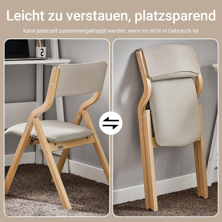 Sæt med 2 x sammenklappelige træstole i grå – ergonomiske, polstrede køkken- og spisebordstole, ideelle til balkon, have og camping