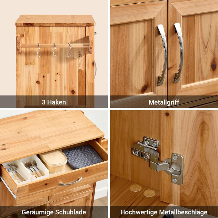 Køkkenvogn med hjul og vinreol, vintage naturfarvet, 67x88x37 cm