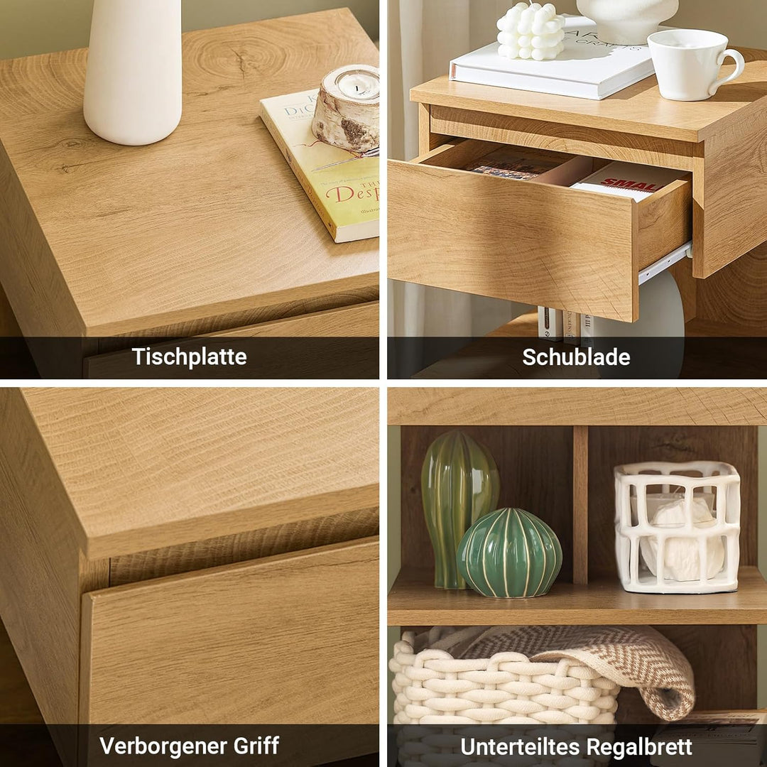 Sæt med 2 smalle sengeborde i natur – moderne natskabe med 1 skuffe og 2 hylder, 39 × 39 × 65 cm