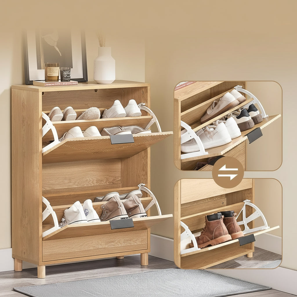 Smalt skoskab i trælook, pladsbesparende, op til 8 par sko, inkl. vippefunktion, 60 × 88 × 24 cm