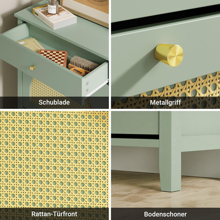 Skoskab smal - 62x25x97cm, MDF, rattandøre, skuffe, plads til 8 par sko, pladsbesparende, grøn gul