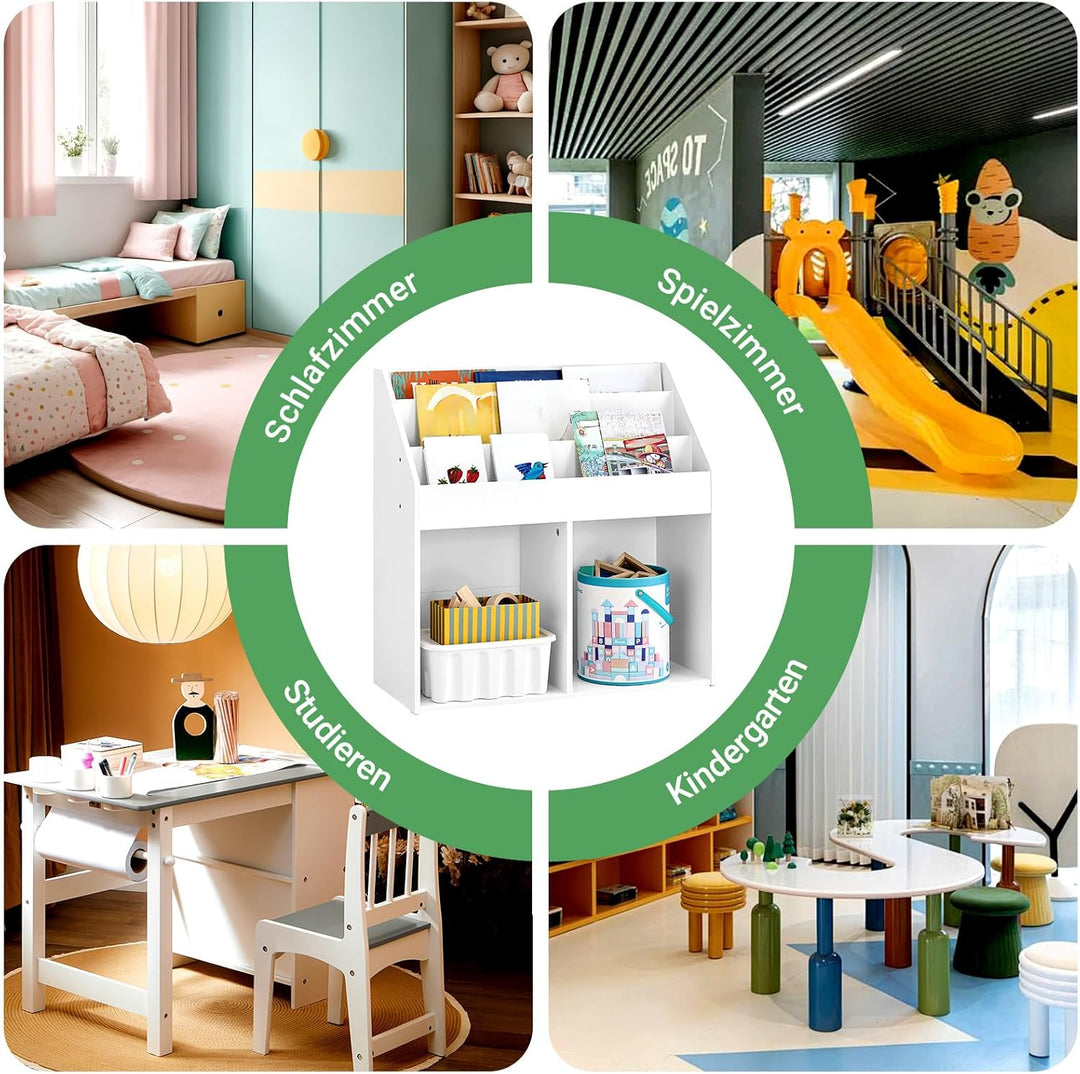 Bogreol Montessori til børn, 3 opbevaringsrum og 2 åbne rum til opbevaring af legetøj, 68 x 68 x 30 cm, hvid