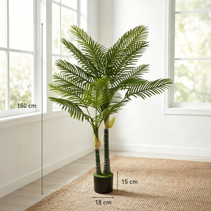 Kunstig palme 150 cm, kunstig palme med 16 palmeblade, stor kunstig plante i potte til stue, balkondekoration, grøn