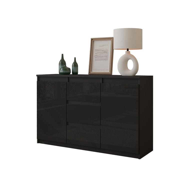 MIKEL - Kommode med 3 skuffer - antracit-grå / højglans sort H75cm B120cm D35cm