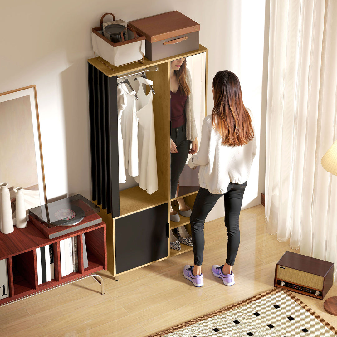 Garderobe med spejl og bøjlestang, opbevaringsrum, åbne hylder, naturtræ, sort