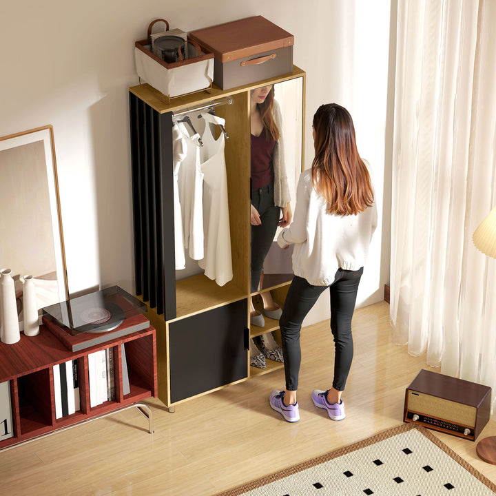 Garderobe med spejl og bøjlestang, opbevaringsrum, åbne hylder, naturtræ, sort