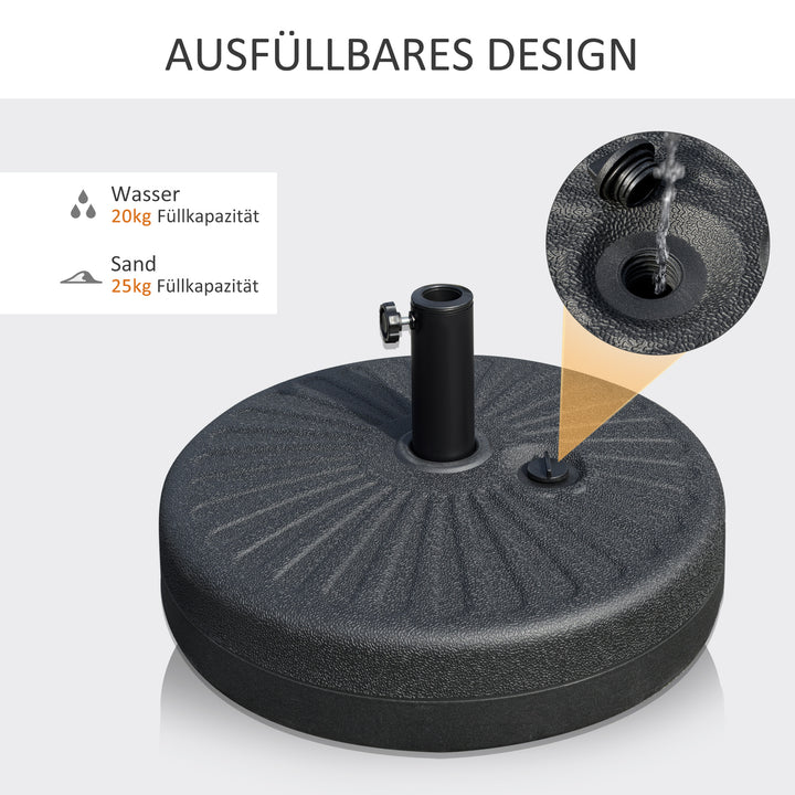 Parasolfod 22 kg, rund parasolfod, parasolholder, parasolvægt, fod til parasoller med 38/48 mm rørdiameter, til altan, terrasse, have, sort