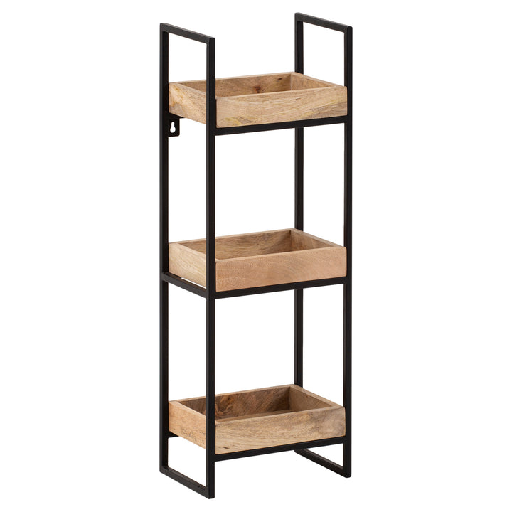 Væghylde 27x77x18 cm, massivt mangotræ/metal, industriel stil, rektangulær svævehylde, hængehylde til stue, vægmonteret bakkehylde med 3 hylder og metalramme