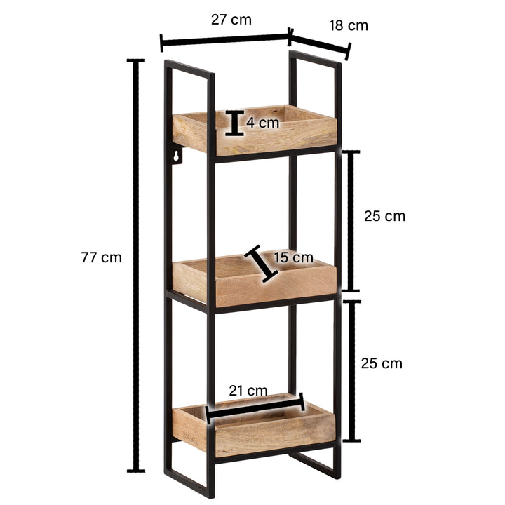 Væghylde 27x77x18 cm, massivt mangotræ/metal, industriel stil, rektangulær svævehylde, hængehylde til stue, vægmonteret bakkehylde med 3 hylder og metalramme