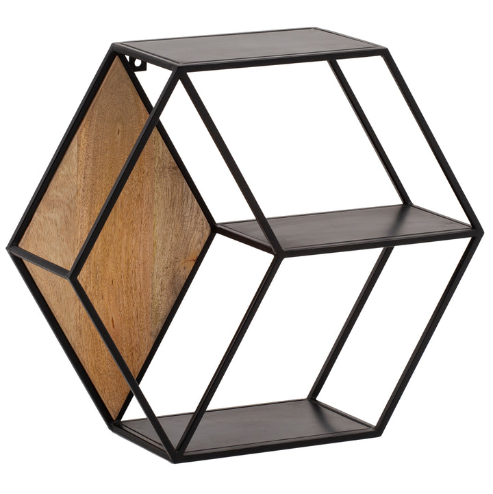 Væghylde 60x52x20 cm, massivt mangotræ/metal, industriel stil, svævende hylde med sekskantet design, dekorativ hylde med bikagemønster, væghylde med 3 hylder
