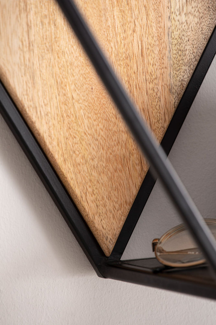 Væghylde 60x52x20 cm, massivt mangotræ/metal, industriel stil, svævende hylde med sekskantet design, dekorativ hylde med bikagemønster, væghylde med 3 hylder