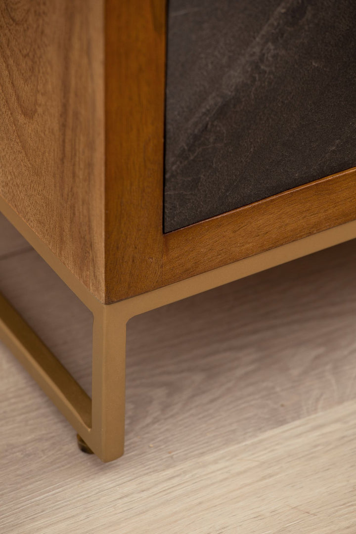 Natbord i mangotræ / stenlook 40x60x30 cm, natbord til boxmadrasseng, designer natbord brun med 3 skuffer, natbord med opbevaringsplads og metalramme