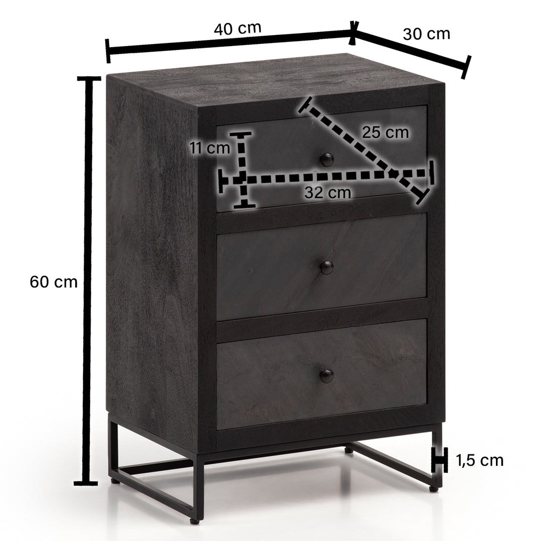 Natbord i mangotræ / stenlook 40x60x30 cm, natbord til boxmadrasseng, designer natbord sort med 3 skuffer, natbord med opbevaringsplads og metalramme