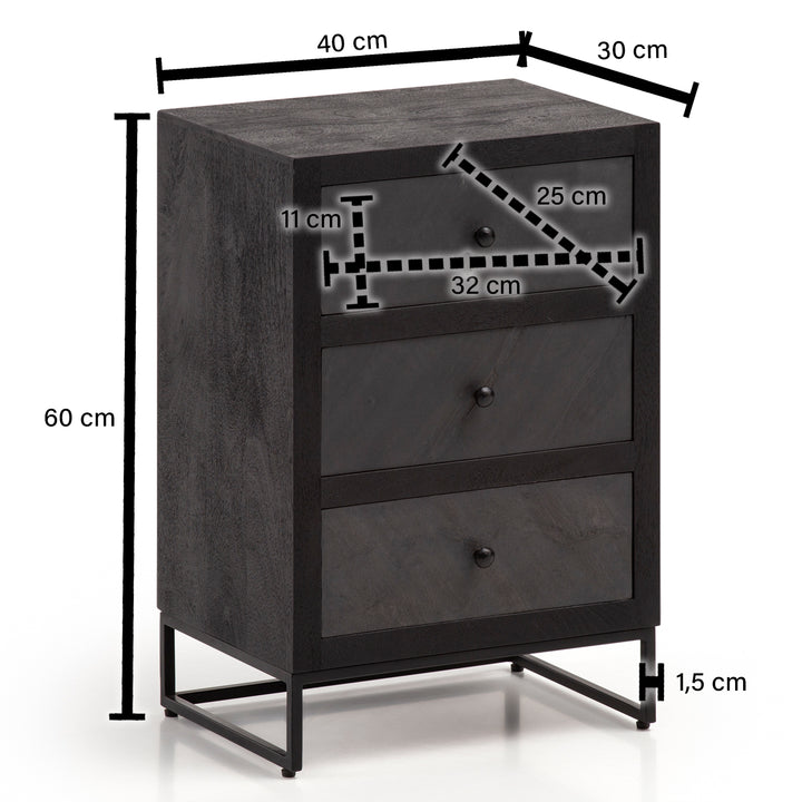 Natbord i mangotræ / stenlook 40x60x30 cm, natbord til boxmadrasseng, designer natbord sort med 3 skuffer, natbord med opbevaringsplads og metalramme
