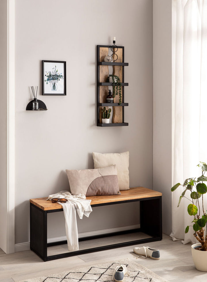 Væghylde 30x80x10 cm, massivt mangotræ/metal, industriel stil, rektangulær svævende hylde, hængende hylde til stuen, trævæghylde med 4 hylder og bølgemønster