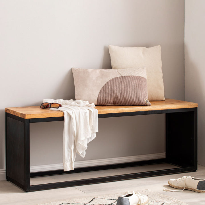 Massiv akacietræsbænk med stenlook, 120x45x35 cm, entrebænk med metalramme, designer sengebænk, soveværelsesbænk, lille garderobebænk, spisestuebænk