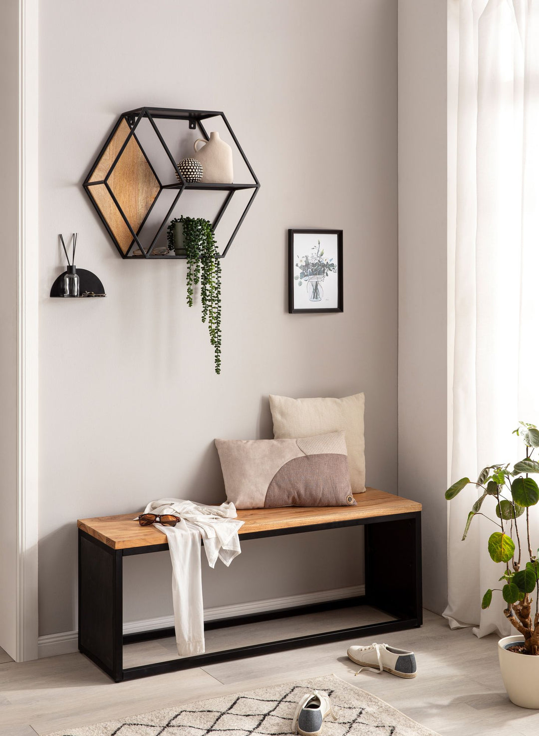 Massiv akacietræsbænk med stenlook, 120x45x35 cm, entrebænk med metalramme, designer sengebænk, soveværelsesbænk, lille garderobebænk, spisestuebænk