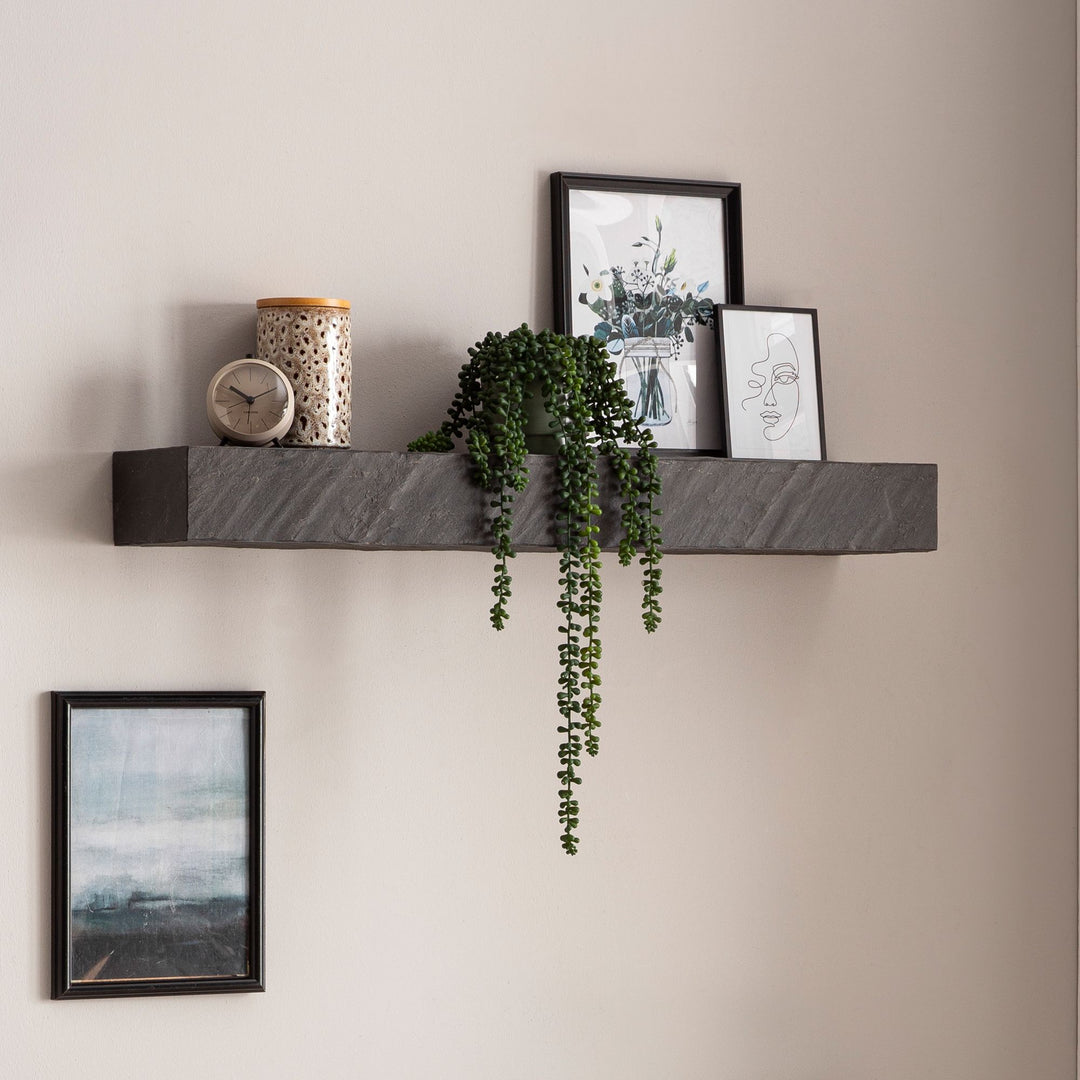 Væghylde 90x10x20 cm, massivt mangotræ / stenlook, moderne hængehylde, rektangulært design, hængehylde til stue, antracit