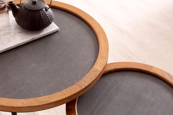 Sofabordsæt med 2, massivt mangotræ/stenlook, rundt stuebord, indskudsborde med metalstel, moderne sofabord, sofabord, 2-delt indskudsbord, brun/antracit