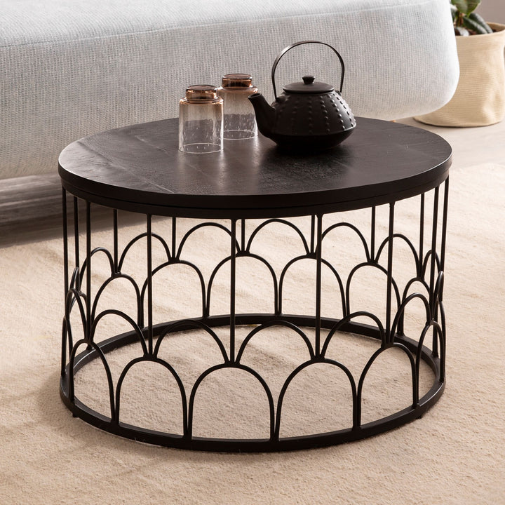 Sofabord 60x60x36 cm, massivt mangotræ / sort metal, rundt sofabord, industrielt design stuebord, massivt sofabord i træ med metalramme