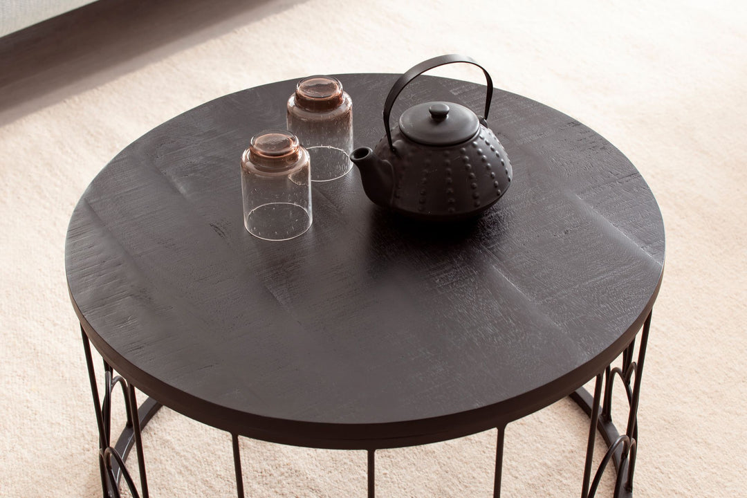Sofabord 60x60x36 cm, massivt mangotræ / sort metal, rundt sofabord, industrielt design stuebord, massivt sofabord i træ med metalramme