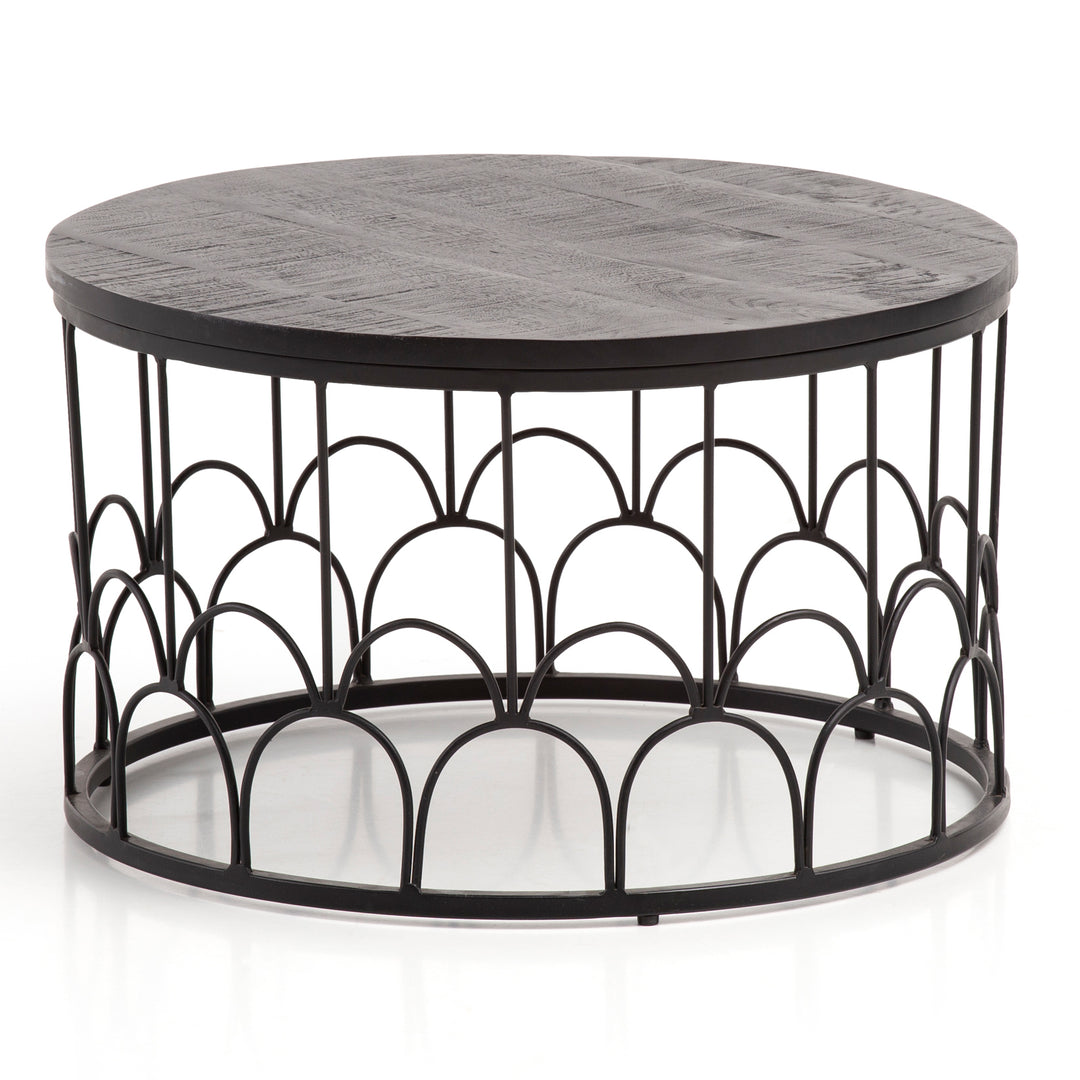 Sofabord 60x60x36 cm, massivt mangotræ / sort metal, rundt sofabord, industrielt design stuebord, massivt sofabord i træ med metalramme