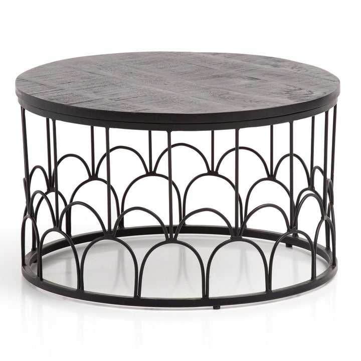 Sofabord 60x60x36 cm, massivt mangotræ / sort metal, rundt sofabord, industrielt design stuebord, massivt sofabord i træ med metalramme