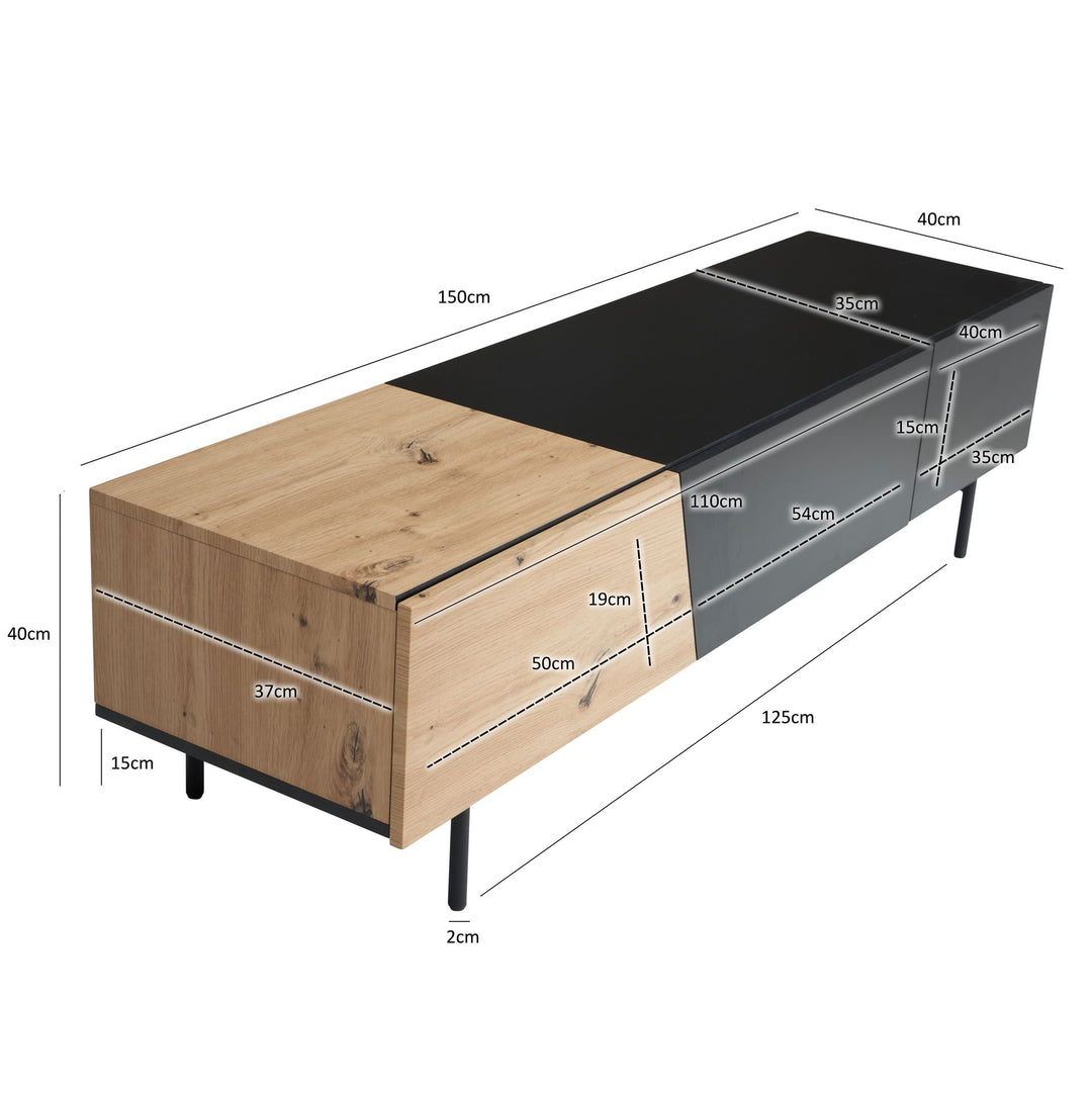 Lavt tv-bord i sort med egedekor - 150x40x40 cm