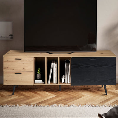 Lavt tv-bord i egedekor og sort - 150x55x40 cm