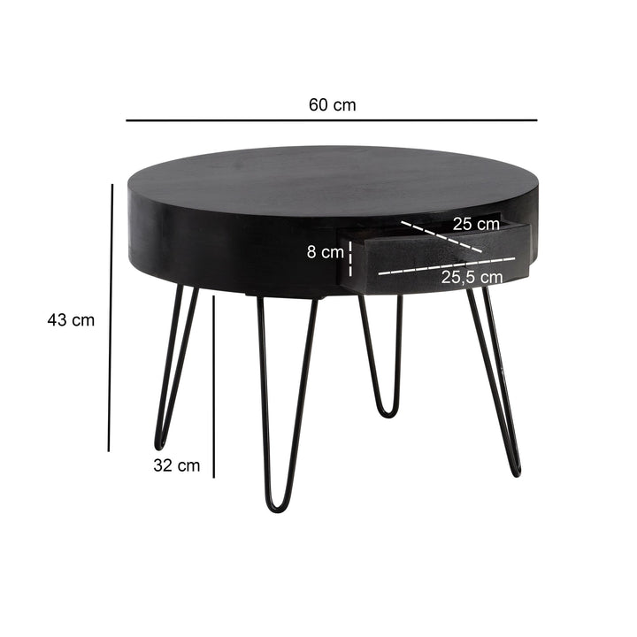 Sofabord 60x60x43 cm, sofabord i massivt mangotræ og metal, rundt designerbord til stue med skuffe, sofabord i massivt træ med opbevaring, lille stuebord med hårnåleben
