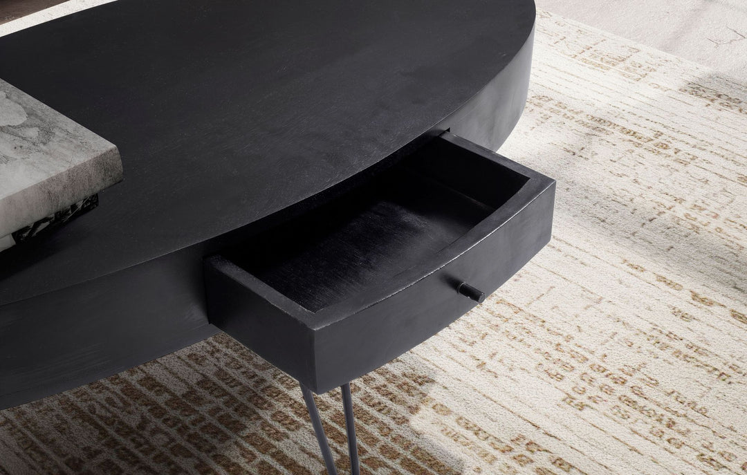 Sofabord 100x50x40 cm, massivt mangotræ og metal, ovalt designer stuebord med skuffe, massivt træ sofabord med opbevaring, stort stuebord med hårnåleben